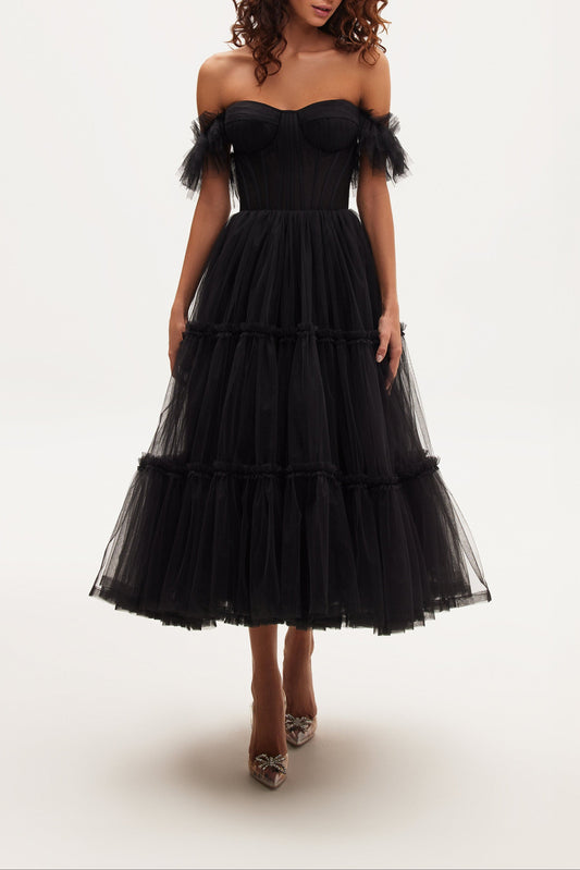 Black Ruffled Tulle Midi Dress