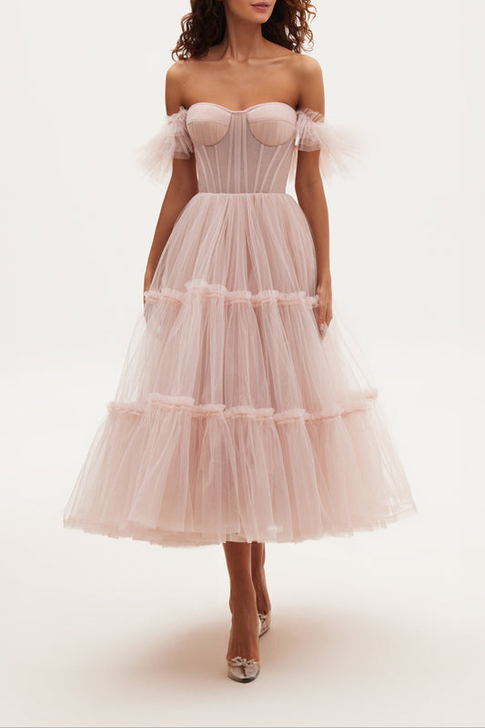 Misty Rose Ruffled Tulle Midi Dress