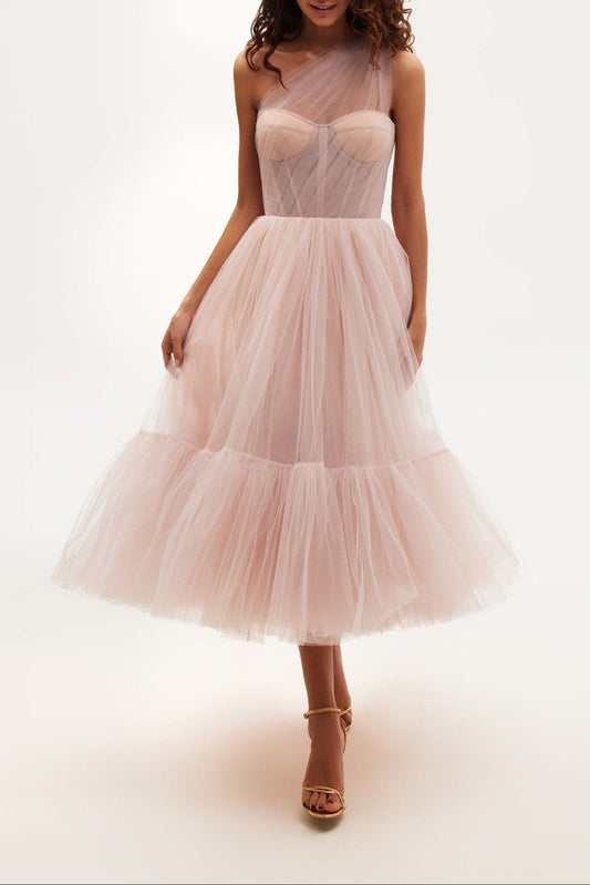 Misty Rose One-Shoulder Cocktail Tulle Dress