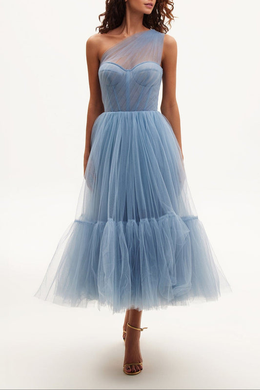 Light Blue One-Shoulder Cocktail Tulle Dress