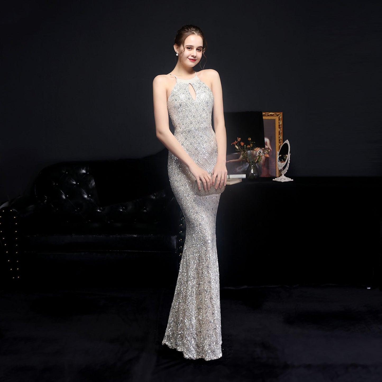 Long Neck Stapled Formal Dresses
