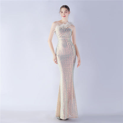 Ostrich Fur One-Shoulder Slant Neck Beaded Maxi Formal Dress