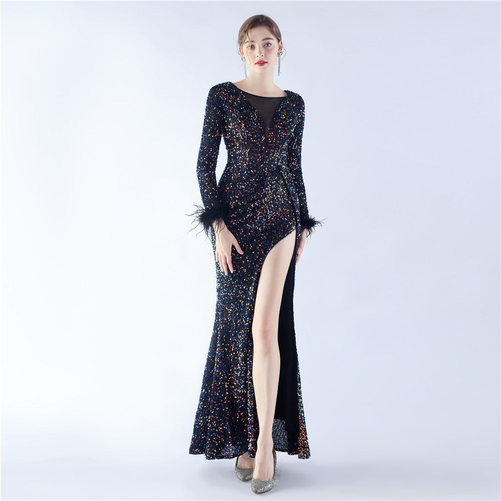 Ostrich Fur Long Sleeve Formal Dress