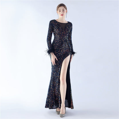 Ostrich Fur Long Sleeve Formal Dress