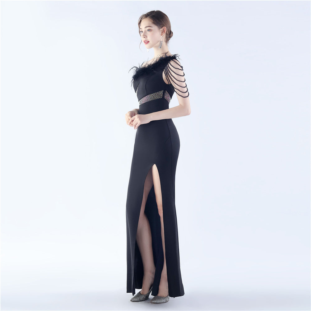 Fur Slant Neck One Shoulder Formal Dress