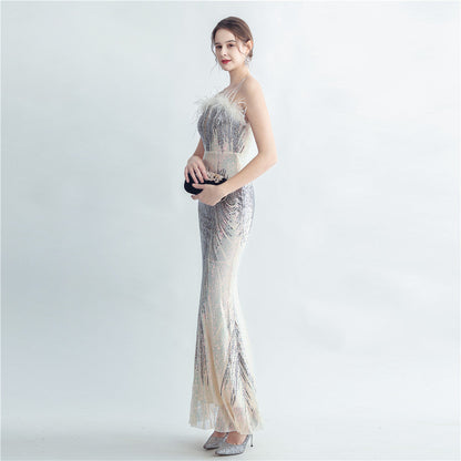 Ostrich Fur Halter Formal Dress