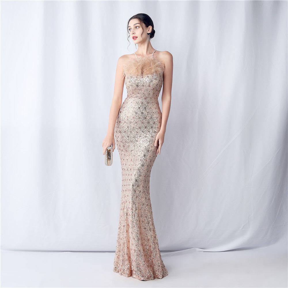 Camel hair and lattice beaded formal dresses
