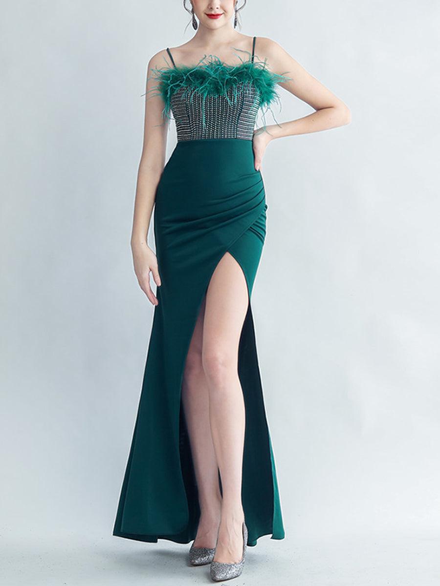 Feather Spaghetti Rhinestone Formal Dress