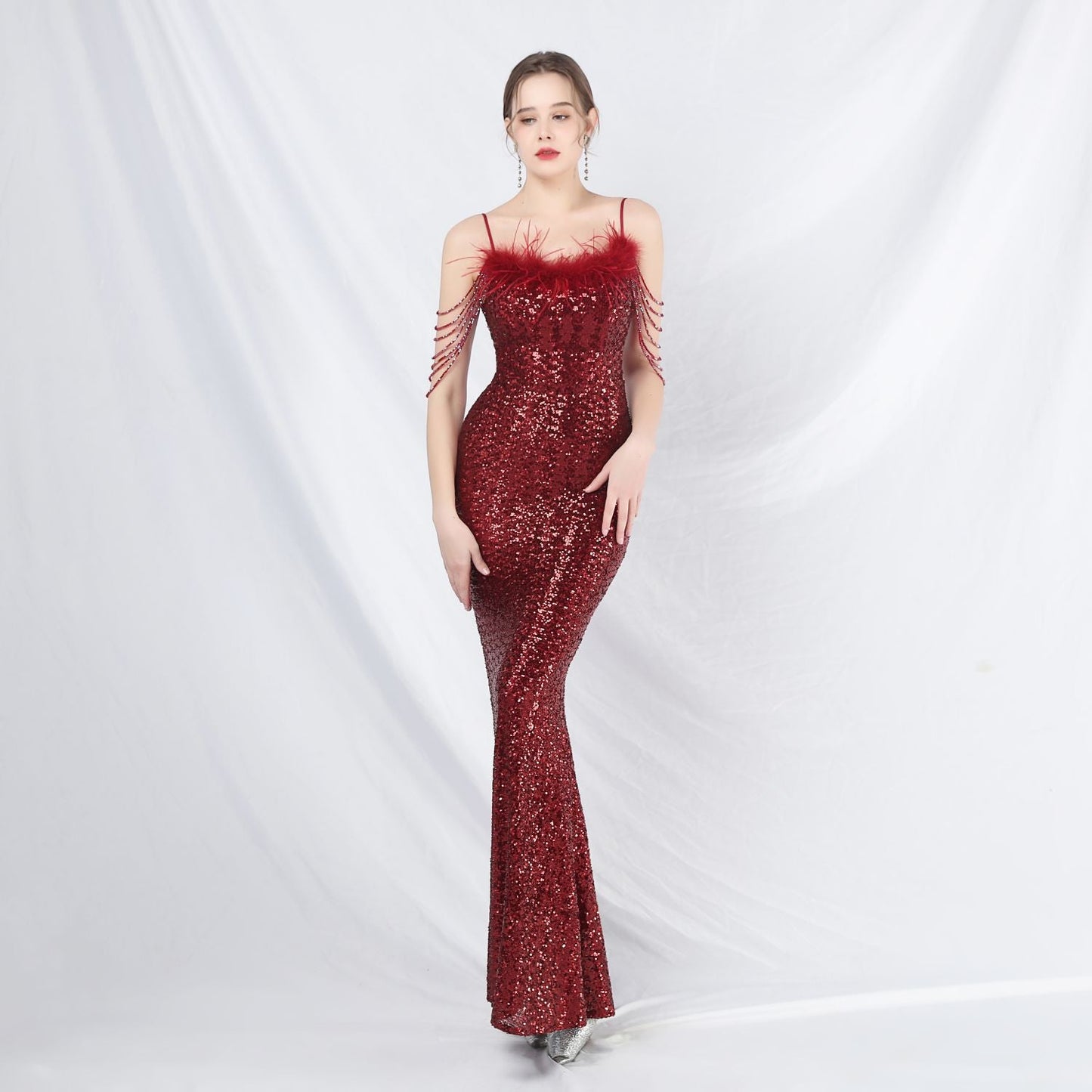 Ostrich Fur Illusion Beaded Formal Dress