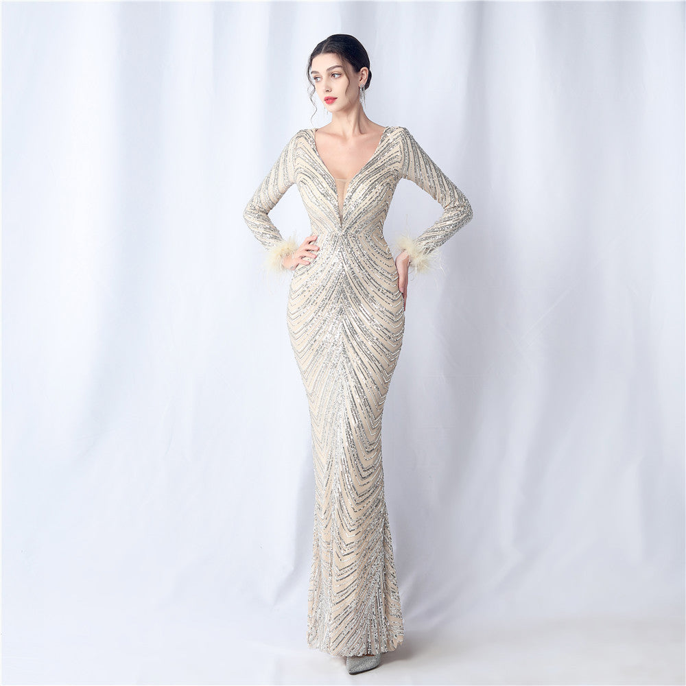 Ostrich Fur Long Sleeve Formal Dress