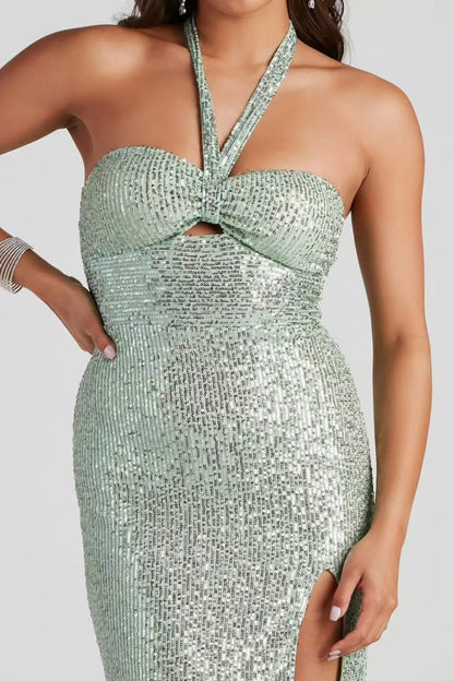 Halter sequined Slit Maxi dress