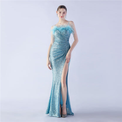 Ostrich Beaded Side Split Formal Dress