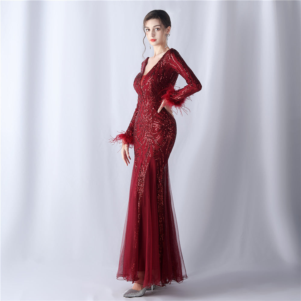 Ostrich Fur Mesh Beaded Formal Dresses