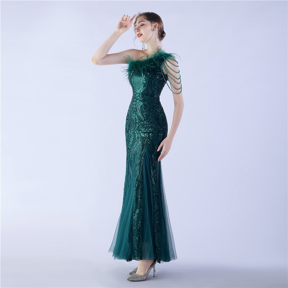Beaded and Ostrich Fur Sequined Formal Dress