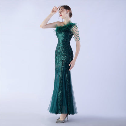 Beaded and Ostrich Fur Sequined Formal Dress