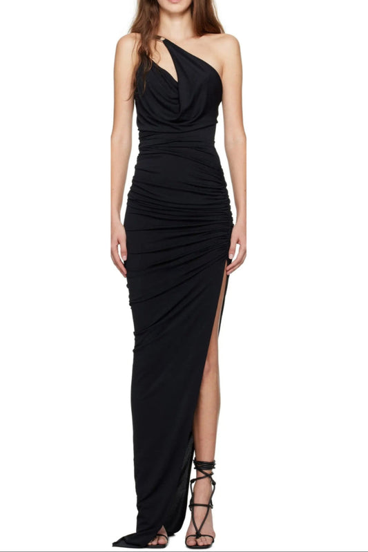 one-shoulder sleeveless ruched bodycon maxi dress in black