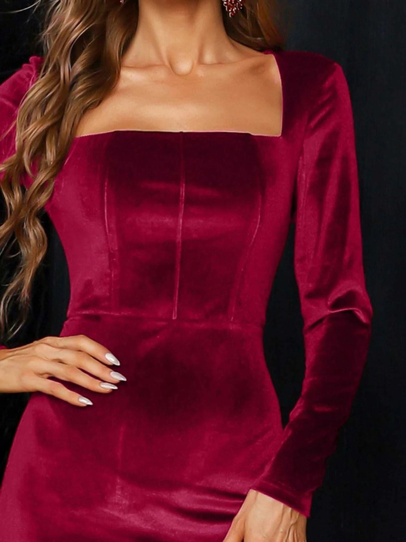 Square Neck Velvet Midi Cocktail Dress