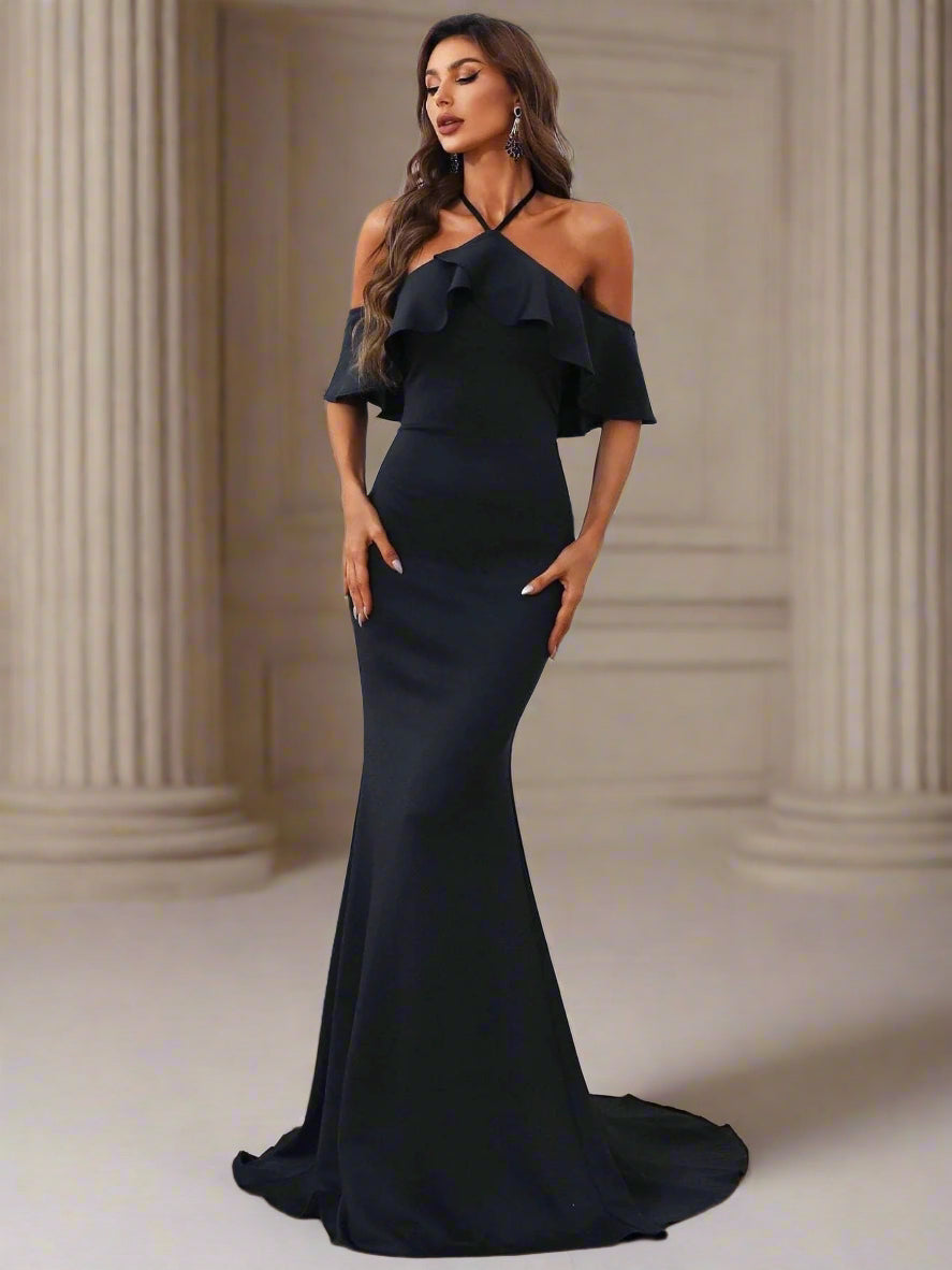 Tie Backless Mermaid Black Maxi Prom Dress