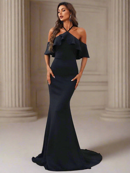 Tie Backless Mermaid Black Maxi Prom Dress