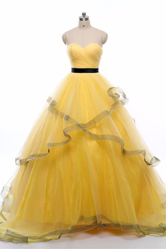 Abito lungo da ballo in tulle giallo con scollo a cuore