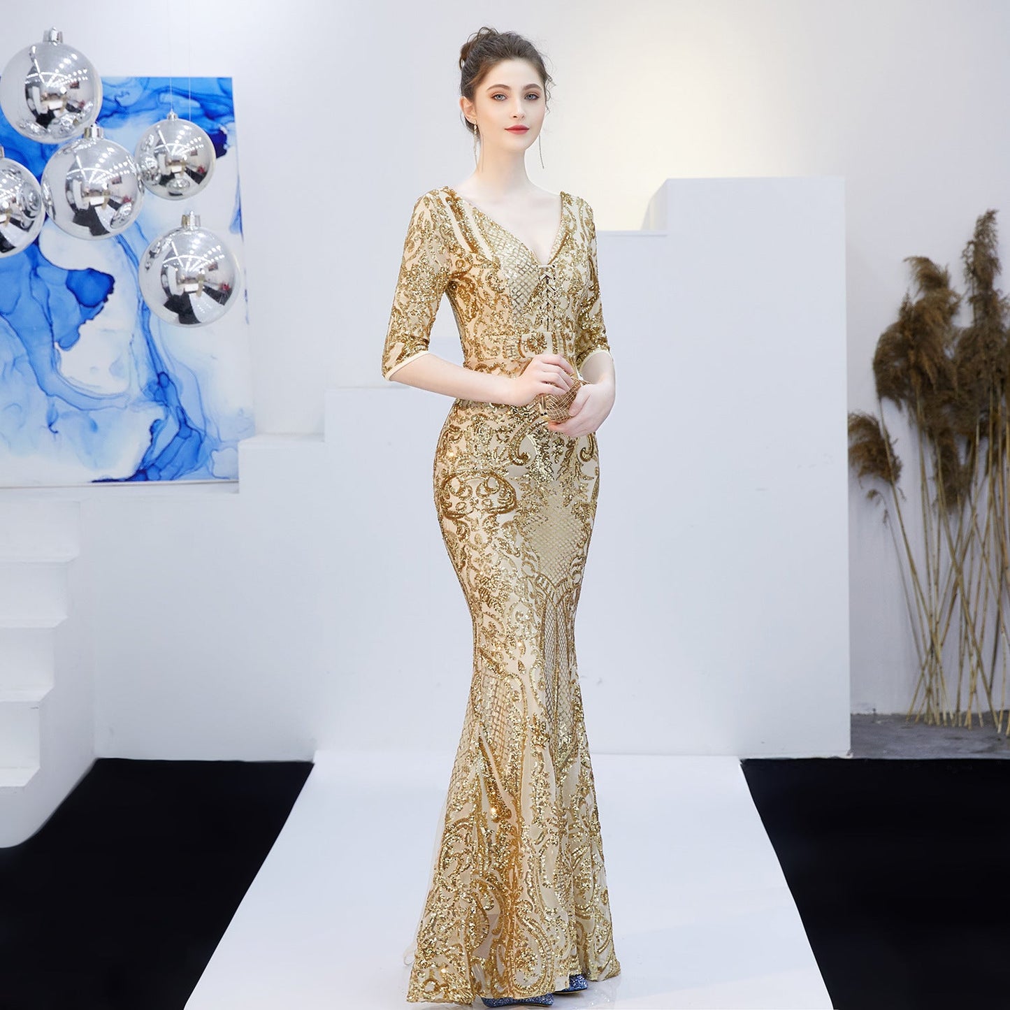 Neck Sequin Formal Dress