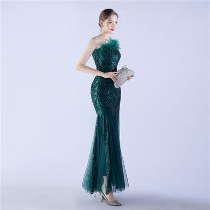 Beaded and Ostrich Fur Sequined Formal Dress