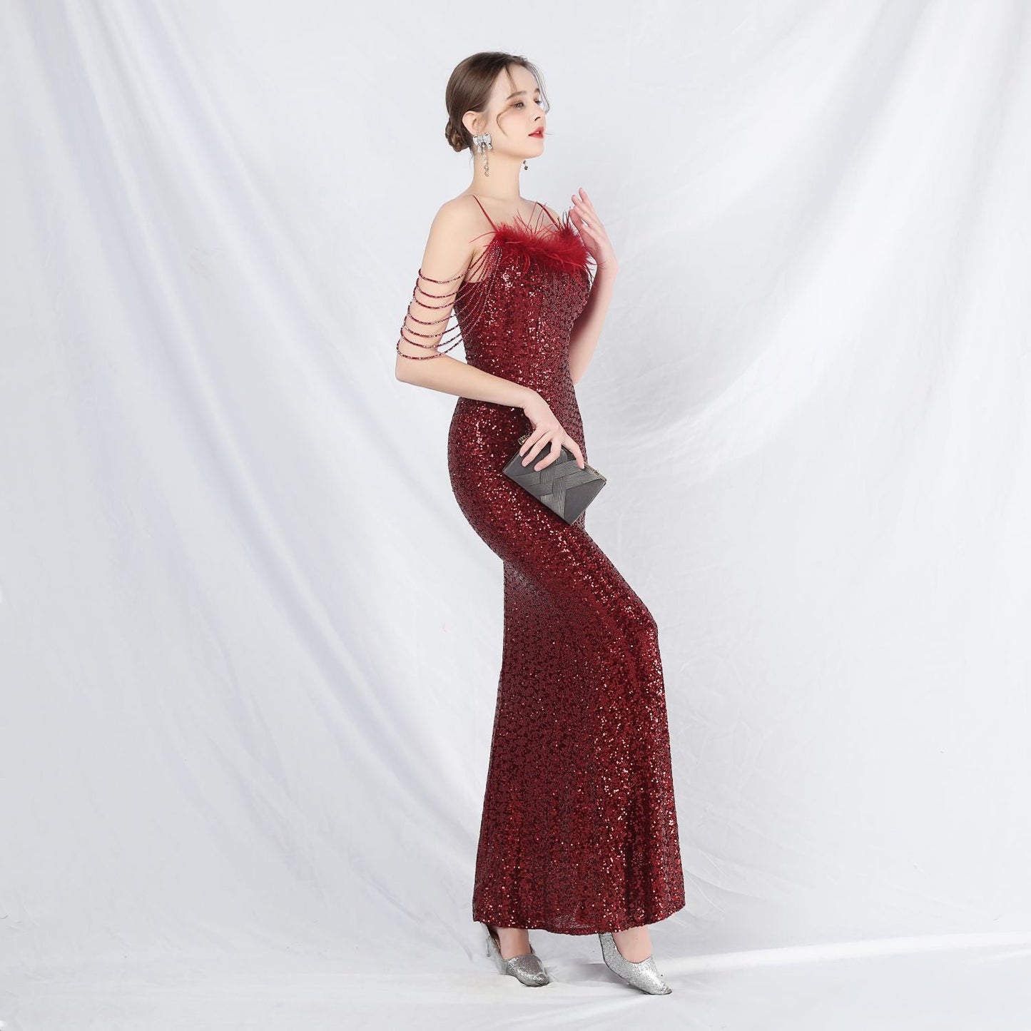 Ostrich Fur Illusion Beaded Formal Dress