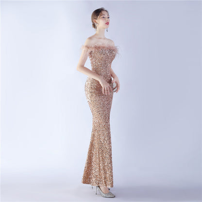 Fur One Shoulder Formal Dress