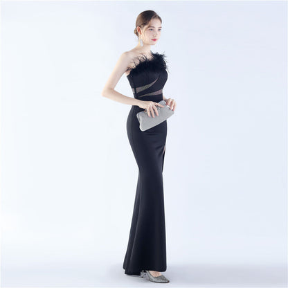 Fur Slant Neck One Shoulder Formal Dress