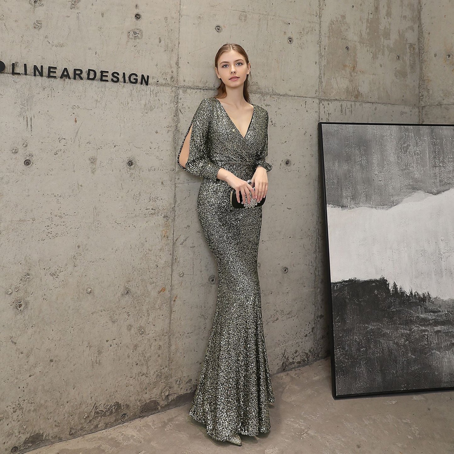 Sleeve Sequin Formal Dress