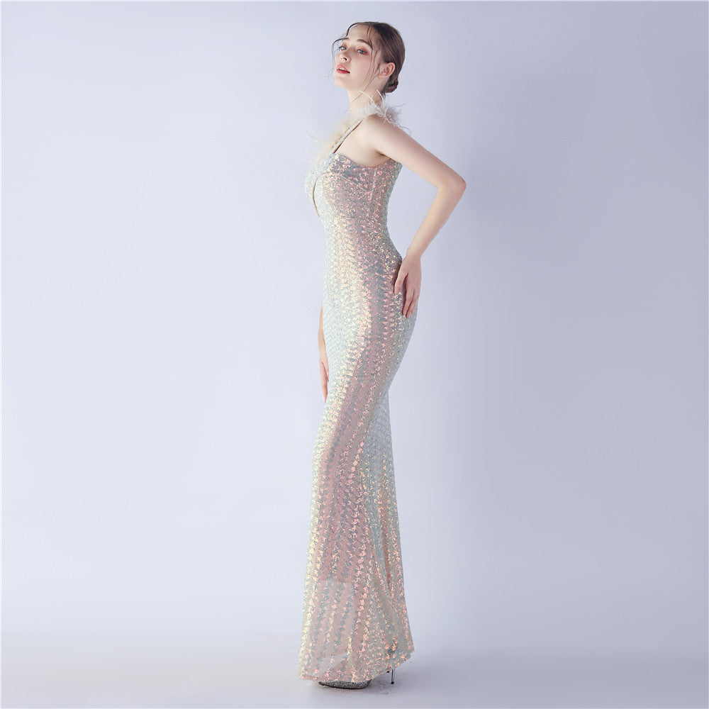 Ostrich Fur One-Shoulder Slant Neck Beaded Maxi Formal Dress