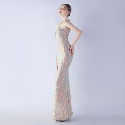 Ostrich Fur One-Shoulder Slant Neck Beaded Maxi Formal Dress