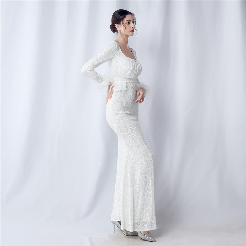 Ostrich Fur Long Sleeve Formal Dress