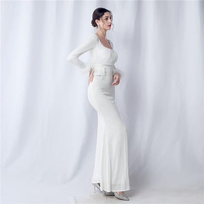Ostrich Fur Long Sleeve Formal Dress