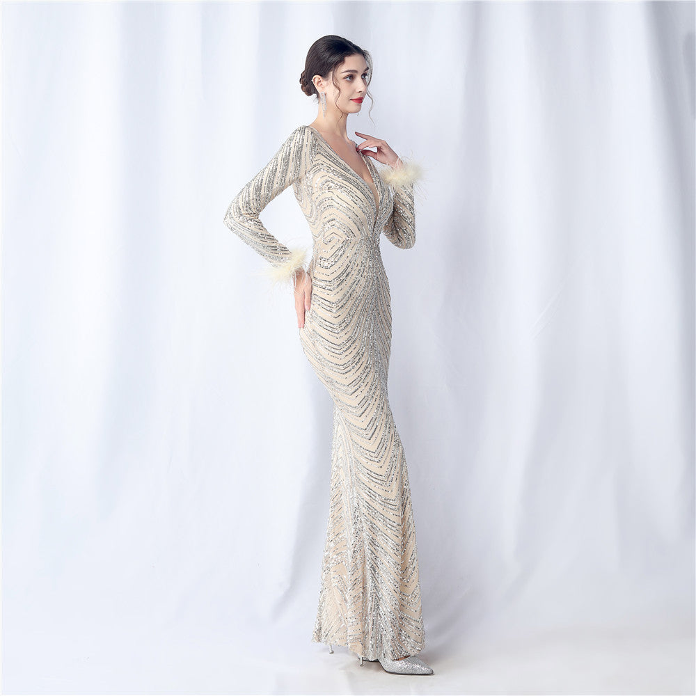 Ostrich Fur Long Sleeve Formal Dress
