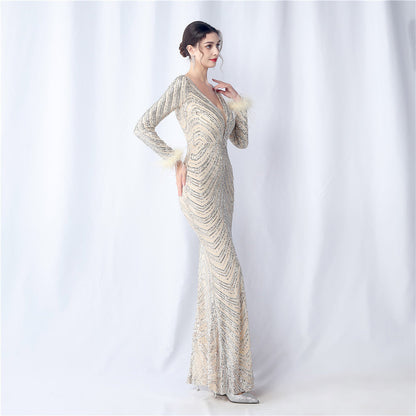 Ostrich Fur Long Sleeve Formal Dress