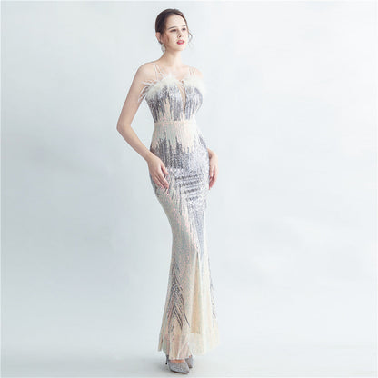 Ostrich Fur Halter Formal Dress