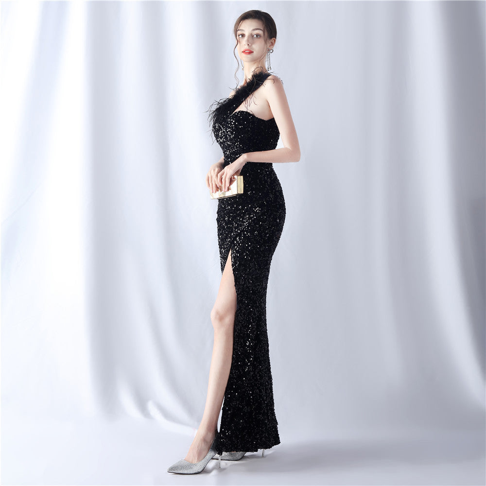 Ostrich Velvet Bottom One Shoulder Formal Dress