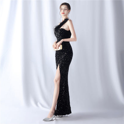 Ostrich Velvet Bottom One Shoulder Formal Dress