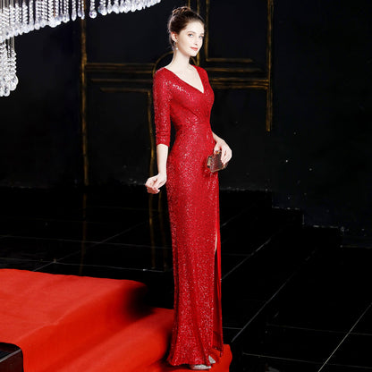 Long Sleeve Sequin Fishtail Formal Dress