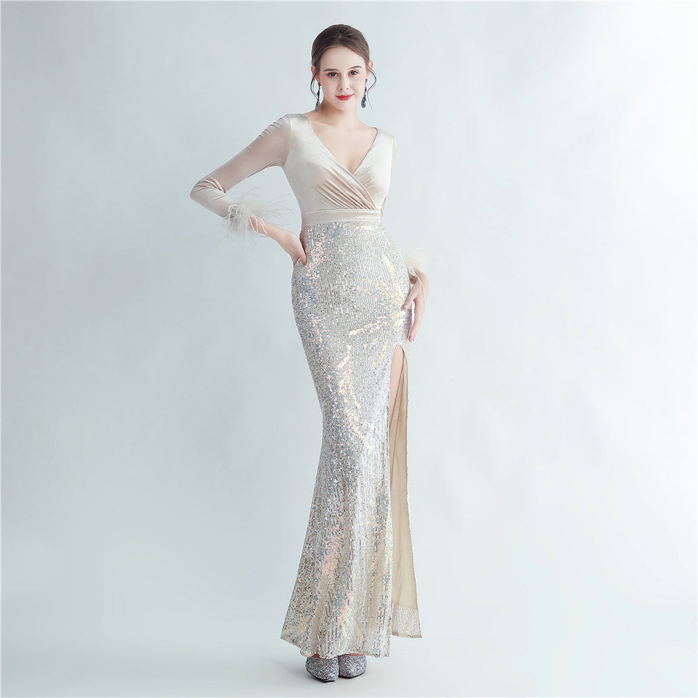 Ostrich Beaded Velvet Side Split Formal Dress