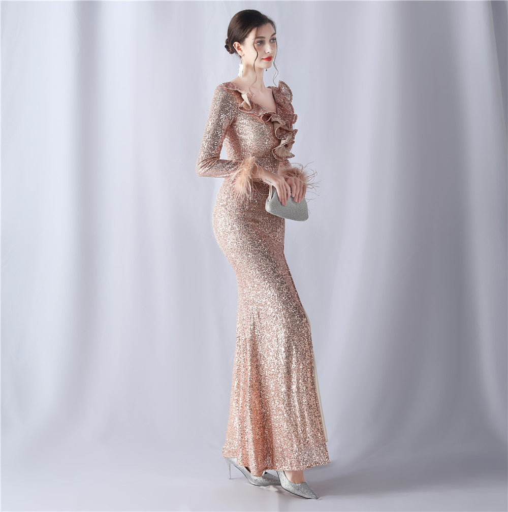 Ostrich Wave Beaded Formal Dress