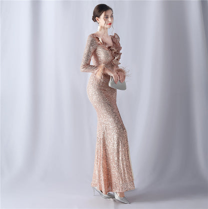 Ostrich Wave Beaded Formal Dress