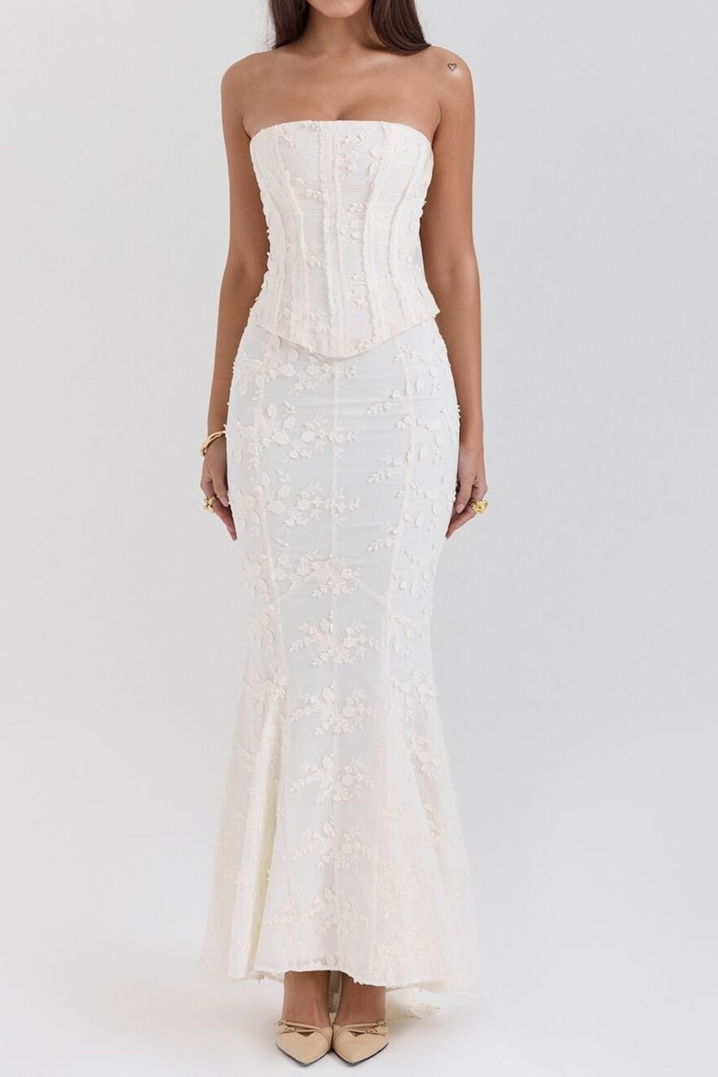 Floral mermaid maxi dress set in white