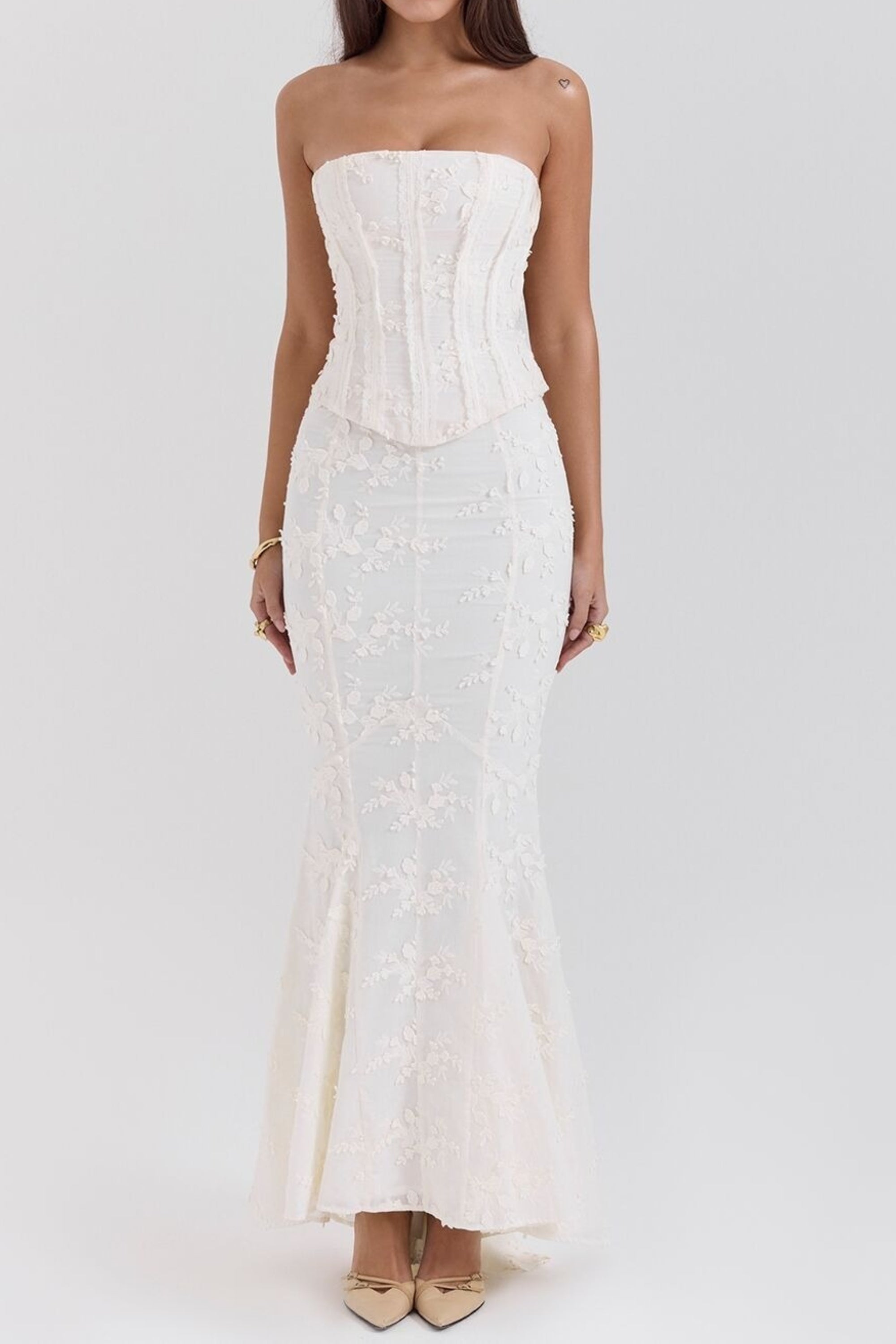 Floral mermaid maxi dress set in white