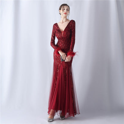 Ostrich Fur Mesh Beaded Formal Dresses