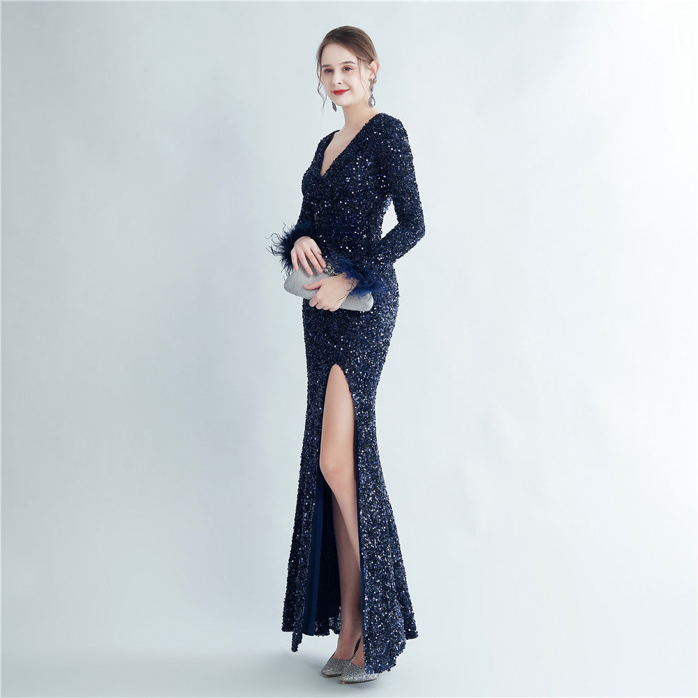 Split Long Sleeve Sequin Formal Dress