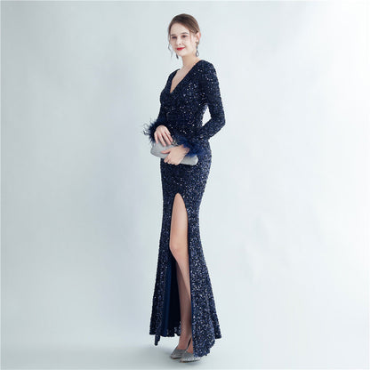 Split Long Sleeve Sequin Formal Dress