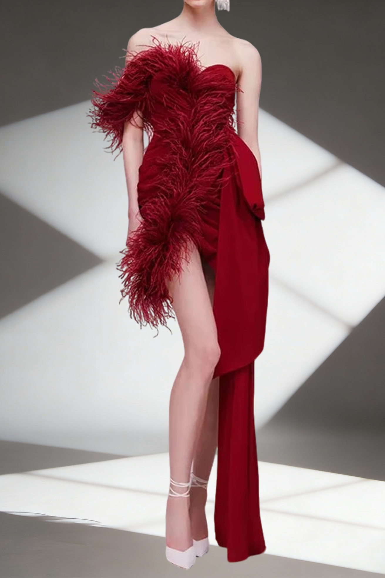 burgundy feather embellished strapless mini dress
