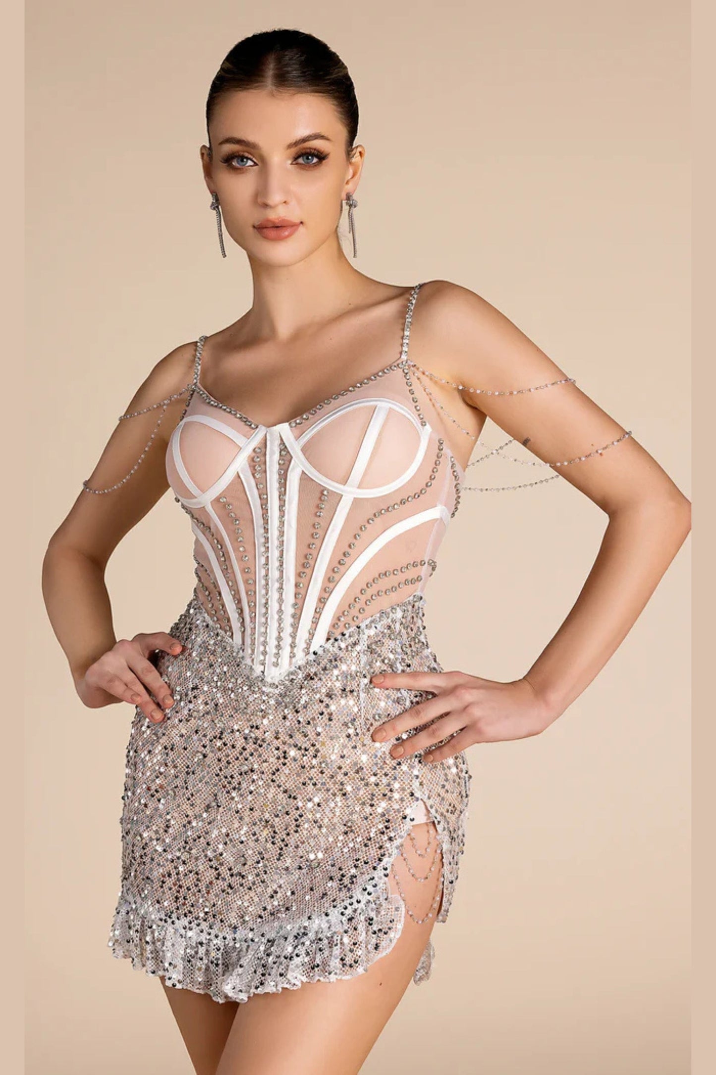 Smot Shoulder Chain Rhinestone Sequin Dress